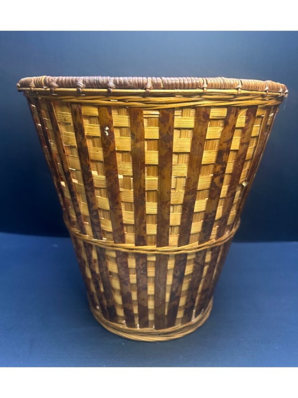 Vintage Rattan Wicker Waste Basket Tortoise Cane Weave Bamboo Cottagecore 10"